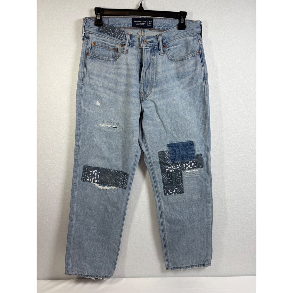 Abercrombie & Fitch Relaxed Straight Jeans Mens 30x30 Blue Cotton Patchwork Boho